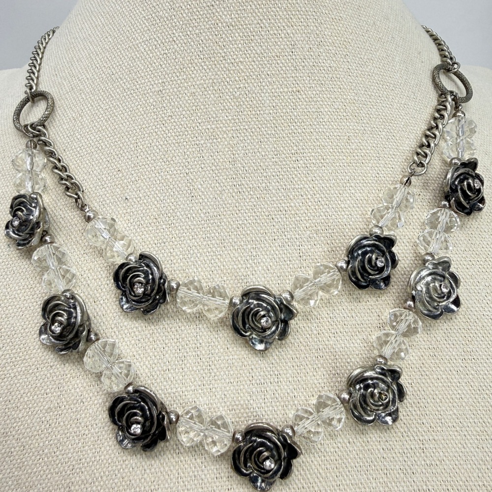 Double Strand Rose Flower Necklace‎ Clear Crystal Beaded Floral Gothic